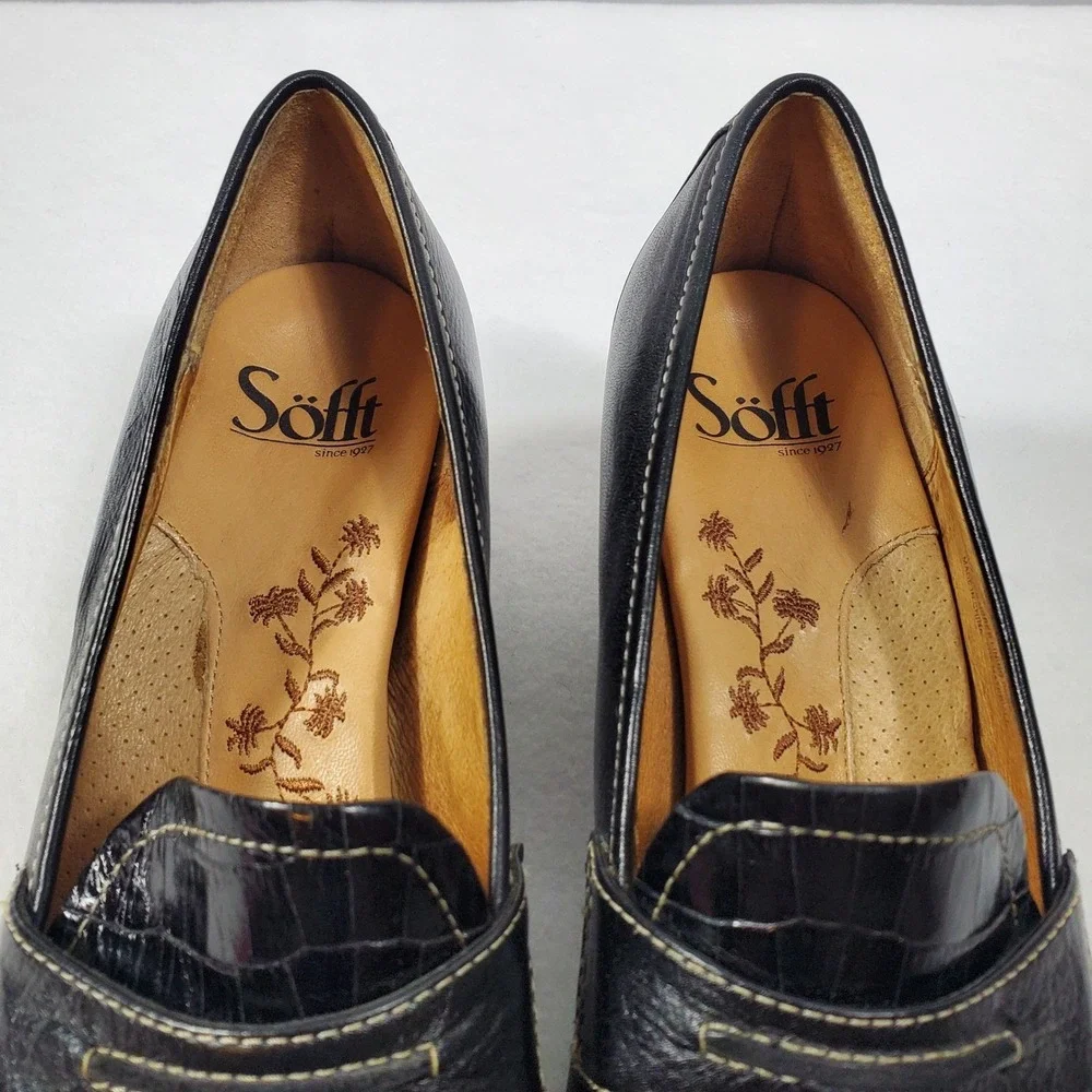 Sofft‎ Black Faux Croc Embossed Leather Kitten Heel Loafers Size 7.5 M - Picture 8 of 9